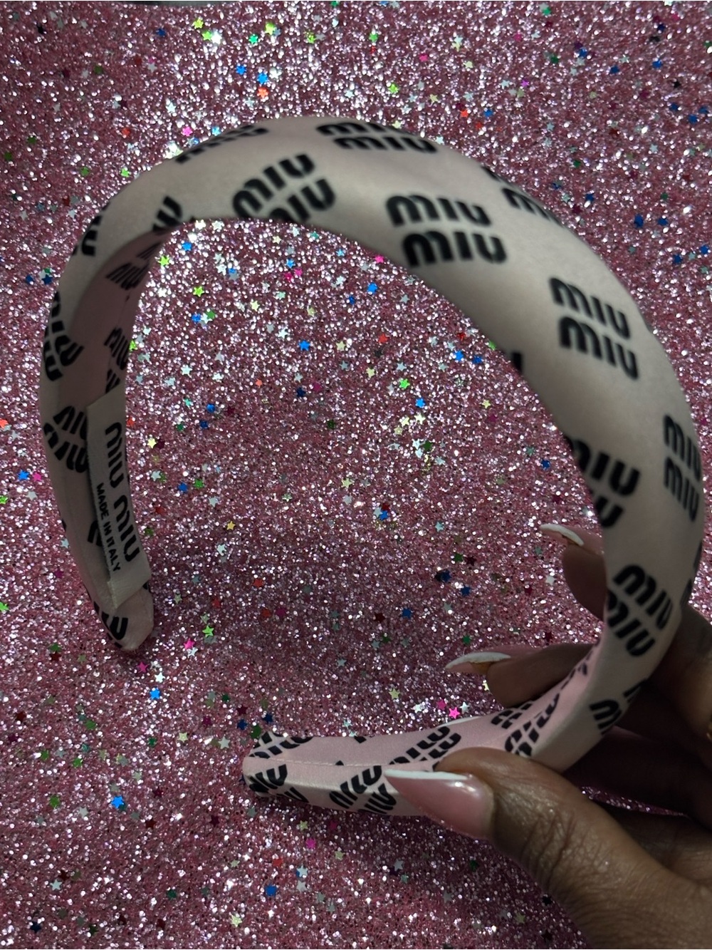 Miu Miu Pink Logo Satin Padded Headband